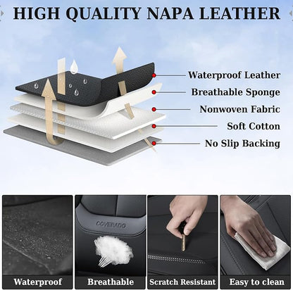Coverado Seat Covers Full Set, Black Seat Covers for Cars 5 Seats, Car Seat Protector, Waterproof Nappa Leather Car Seat Cushion, Front and Rear Car Seat Cover Fit for Most Sedans SUV Pick-up Truck