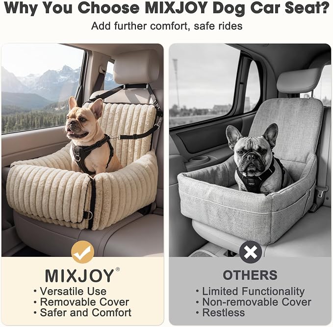 MIXJOY Dog Car Seat for Small/Medium Dogs up to 25 lbs, Multi-Functional Dog Carrier for Car with Detachable Washable Cover, Pet Travel Bed with Clip-On Safety Leash, Brown