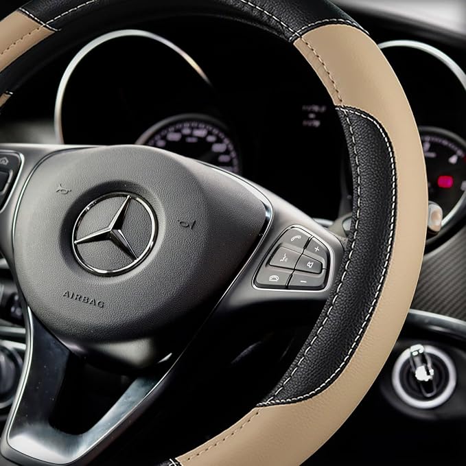 Leather Car Steering Wheel Cover, Non-Slip Car Wheel Cover Protector Breathable Microfiber Leather 15.5"-16" Large Size for Most Cars,Beige-2