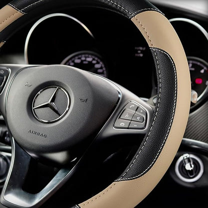 Leather Car Steering Wheel Cover, Non-Slip Car Wheel Cover Protector Breathable Microfiber Leather 15.5"-16" Large Size for Most Cars,Beige-2
