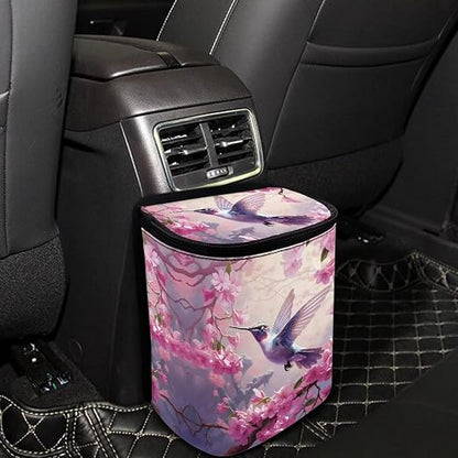 BIGCARJOB Hummingbird Flower Car Trash Bags Hanging Headrest Car Trash Bin for Back Seat,Pink Flower Bird Print Multi-Use Storage Organizer Car Garbage Can,Universal Fit
