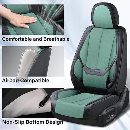 Coverado Seat Covers Full Set, Car Seat Covers Front Seat and Back Seat, Breathable Fabric&Leather Car Seat Protectors, Universal Seat Covers for Cars, Compatible with Most Cars (Green, FullSet)