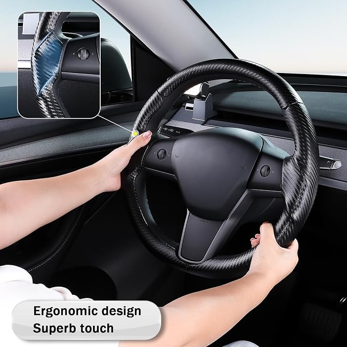 Steering Wheel Cover for 2017-2023 Tesla Model 3 2020-2024 Tesla Model Y, Carbon Fiber Steering Wheel Cover for Tesla Model 3/Y Accessories, Matte Black