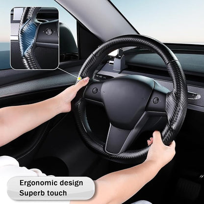 Steering Wheel Cover for 2017-2023 Tesla Model 3 2020-2024 Tesla Model Y, Carbon Fiber Steering Wheel Cover for Tesla Model 3/Y Accessories, Matte Black