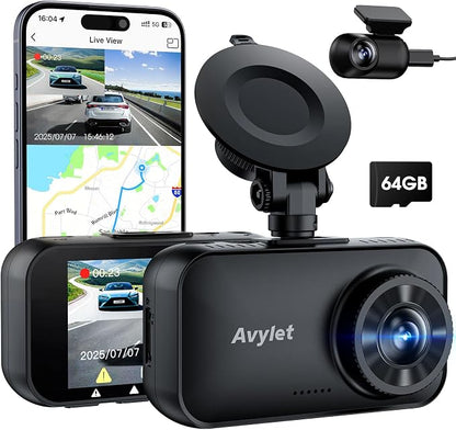 Avylet 4K/2.5K+1080P Dash Cam Front and Rear, 5G WiFi APP Dash Camera for Cars with 64GB Card, ADAS Lane Assist, 2.7”IPS Screen, Parking Mode, External GPS Module, Night Vision, G-Sensor