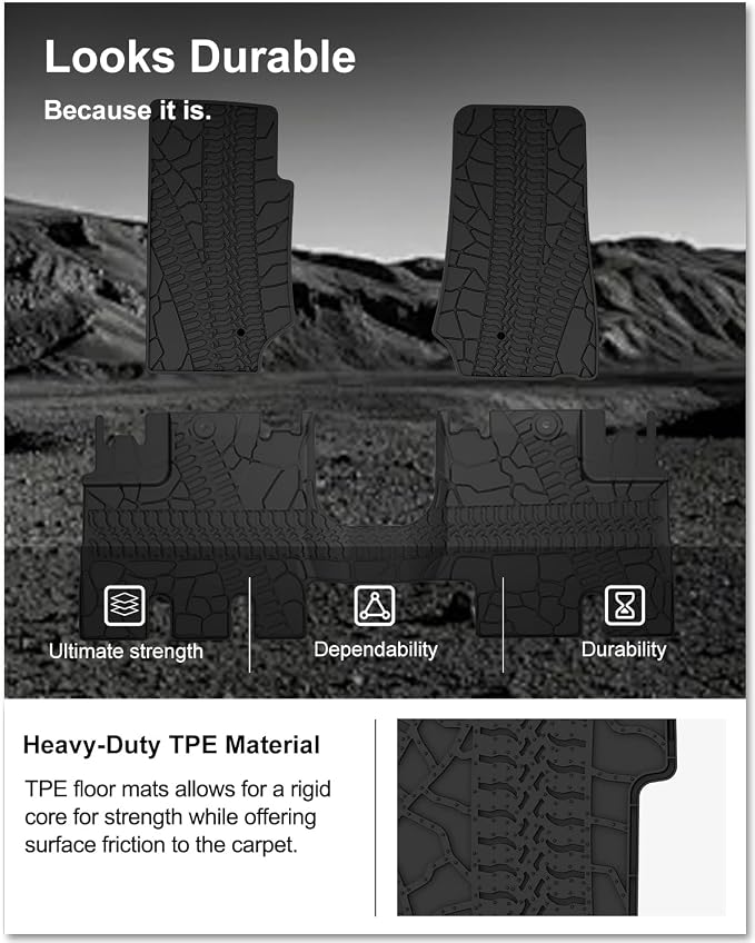 KIWI MASTER Floor Mats for 2007-2013 Jeep Wrangler JK 4-Door, OEM Replacement 82210166AC, Custom Fit All Weather Car Mats, Heavy Duty TPE Floor Liners, Front & Rear 2 Row, Black