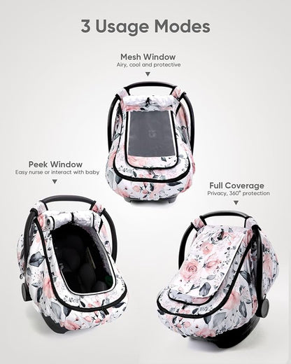 Car Seat Cover Baby Girls, Infant Car Seat Canopy Outdoor, 2 Layers with Mesh and Sun Shade Window for Summer Winter, Easy Access Carseat Covers Snug Fit Baby Stroller - Pink Floral