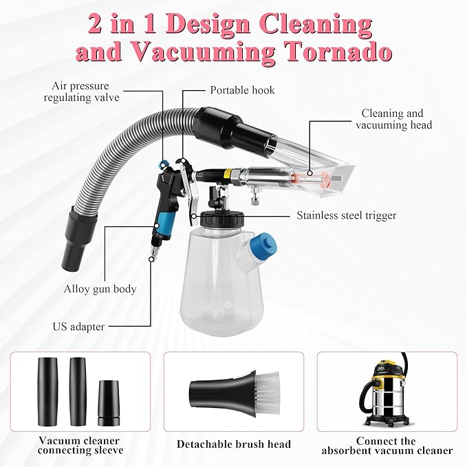 3IN1 Car Cleaning Kit, High Pressure Foam Cleaning Gun, Extractor Vacuum Set, Multi-Purpose Cleaning Gun Detachable Sprinkler Head for Automotive Detailing, Carpet, Upholstery, Surface Cleaning