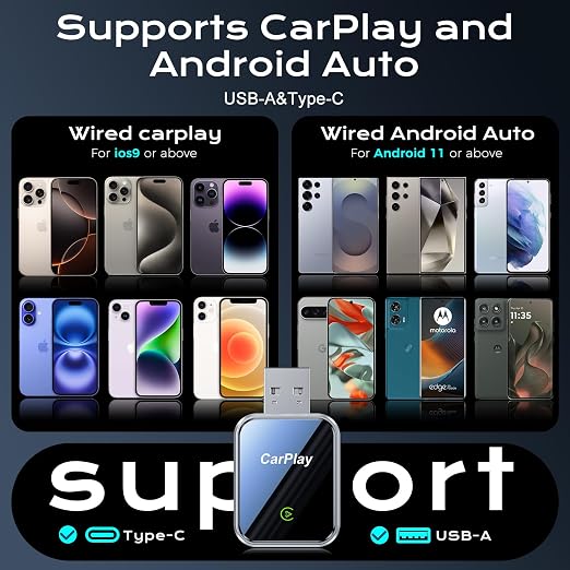 CarPlay Wireless Adapter for iPhone & Android Auto,Plug and Play Mini Size 2 in 1 Apple Wireless CarPlay Adapter,Easy Setup Fit Android & iOS 10+,Extension Cable USB & USB-A/Type-C,Stable Control