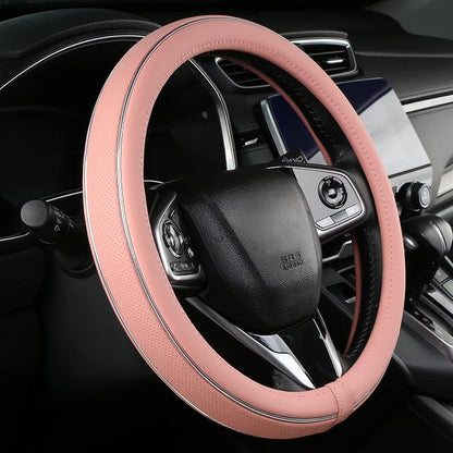 ALEMODR Pink Leather Steering Wheel Cover Fiber Strip Car Steering Wheel Cover Universal 15 inch for Women Girls