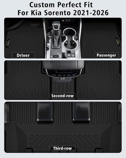 Floor Mats Custom Fit for Kia Sorento 2021-2025 2026 6&7 Seats (Not for Hybrid) Trunk Mat with Backrest Mat All Weather TPE Rubber Cargo Liner Back Seat Protector Full Set for Sorento Accessories