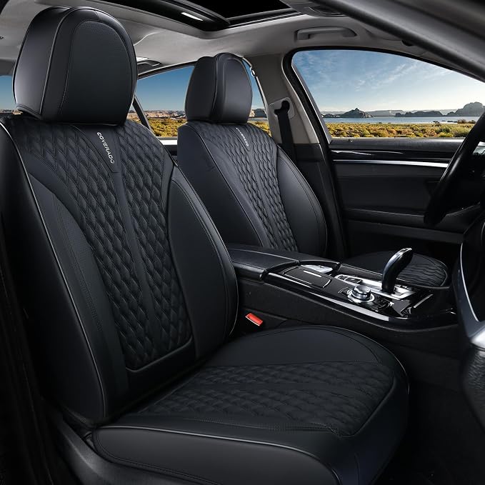 Coverado Car Seat Covers Full Set, 5 Seats Luxury Nappa Leather Seat Covers for Cars, Car Seat Cover Waterproof, Front and Back Car Seat Protector, Black Car Seat Covers Universal Fit for Most Cars