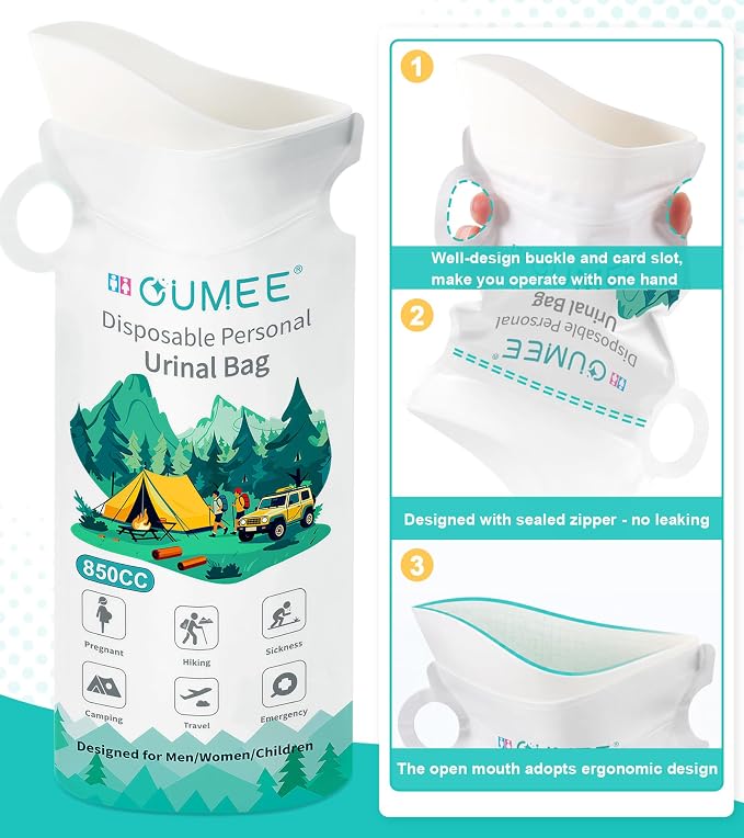 OUMEE 850ML Emergency Disposable Urinal Bags, 8/12/20/28 Pcs Camping Pee Bags Unisex Urine Bag Vomit Bag for Travel Traffic Jam Portable Toilet Bag for Men Women