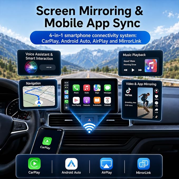 2026 4-in-1 CarPlay Adapter Wireless CarPlay + AirPlay + Android Auto + MirrorLink | Plug-&-Play for iPhone 10+ & Android 11+ | USB-A & Type-C Dual Ports (Black)