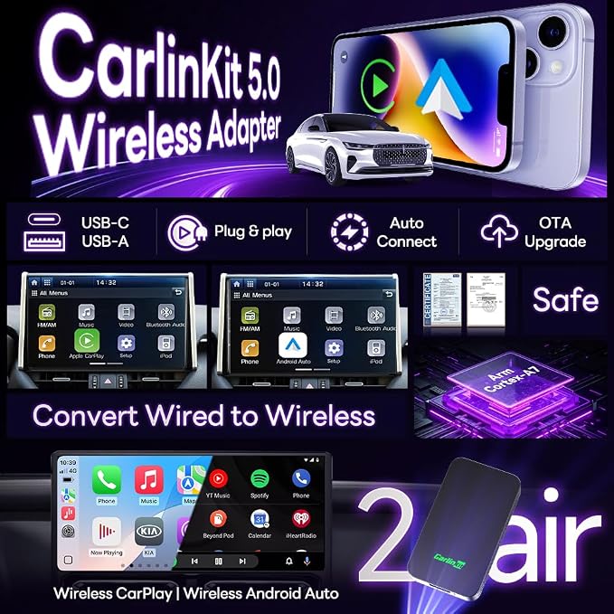CarlinKit 5.0 Wireless CarPlay & Android Auto Adapter | 5GHz WiFi | Wired to Wireless | Auto Connect | for OEM Wired Cars