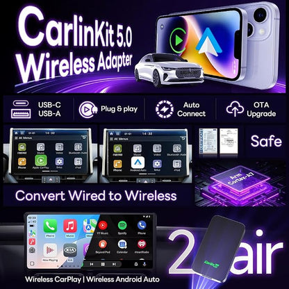 CarlinKit 5.0 Wireless CarPlay & Android Auto Adapter | 5GHz WiFi | Wired to Wireless | Auto Connect | for OEM Wired Cars