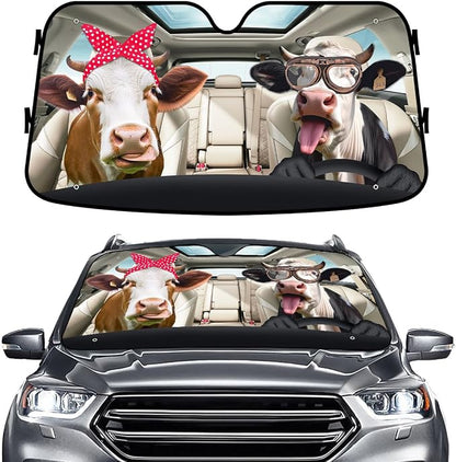 GENANY Cute Cow Couple Funny Windshield Sun Shade for Car SUV Truck (55x30 Inches), Sun Shade Windshield, Shades for Windows, Protector Blocks UV, Spring Car Decor