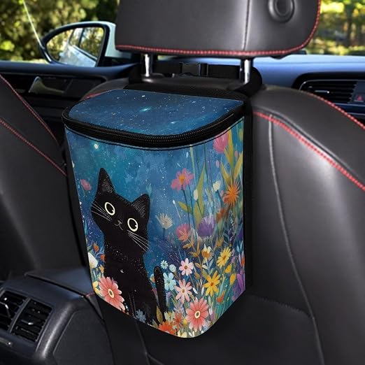 Talayituse Cat Daisy Flower Print Car Trash Can Portable Auto Garbage Bin Multifunctional Vehicle Interior Accessories with Adjustable Straps Universal Fit Truck SUV Sedan
