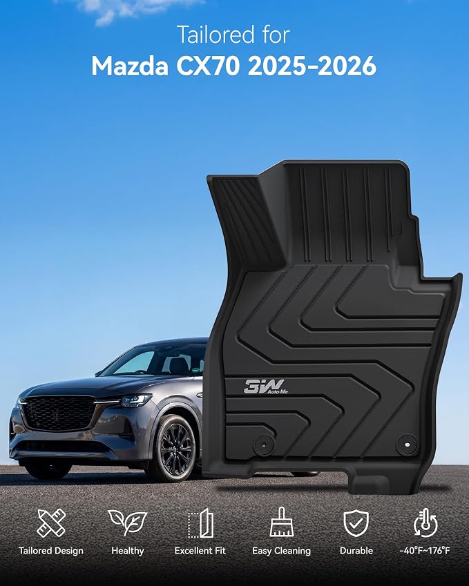 3W Floor Mats Fit for 2025 2026 Mazda CX-70 (Include PHEV), All Weather Protection TPE Heavy Duty Non-Slip Automotive CX70 Floor Liners Accessories, Black