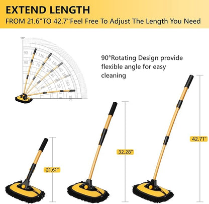 Car Wash Brush with Long Handle, 15°Curved Car Cleaning Brush with Replaceable Head Cover, Truck Washing Brushwith Telescopic Handle Wash Mop Kit 5PCS
