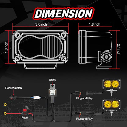 LED Pods Yellow with Wiring Harness & Black Covers 2Pcs 3 Inch Off Road Driving Light Bar LED Work Light Cube Waterproof Combo Yellow Fog Pod Lights for Truck ATV UTV Motorcycle Boat