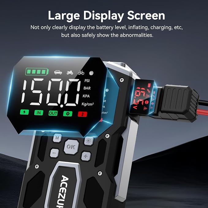 Portable Car Jump Starter with Air Compressor, ACEZUK 160PSI 8000A Jump Starter (All Gas/10.0L Diesel), 12V Battery Jump Box Car Battery Jumper Starter with 3.4" LCD Display, 2 Lights
