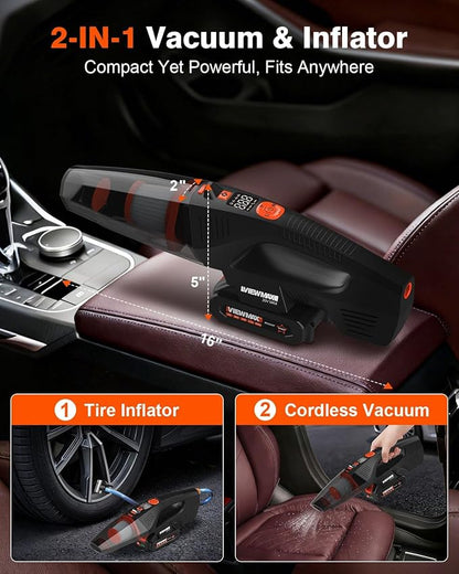 2-in-1 Cordless Car Vacuum and Tire Inflator - 20V Handheld Vacuum Cleaner & 150 PSI Air Pump, 18000Pa Powerful Suction, Portable Vac Air Compressor for Tires Pump and Car Cleaning
