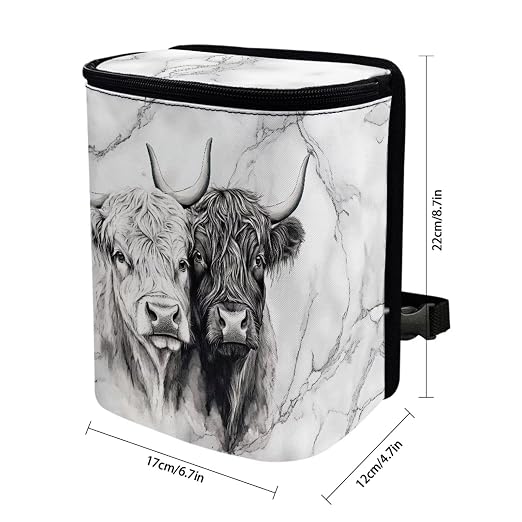 Talayituse Highland Cattle Marble Print Car Trash Bin, Large Size Auto Trash Can Adjustable Portable Garbage Can with Lid, Vehicle Hanging Bag for Headrest Front Back Seat
