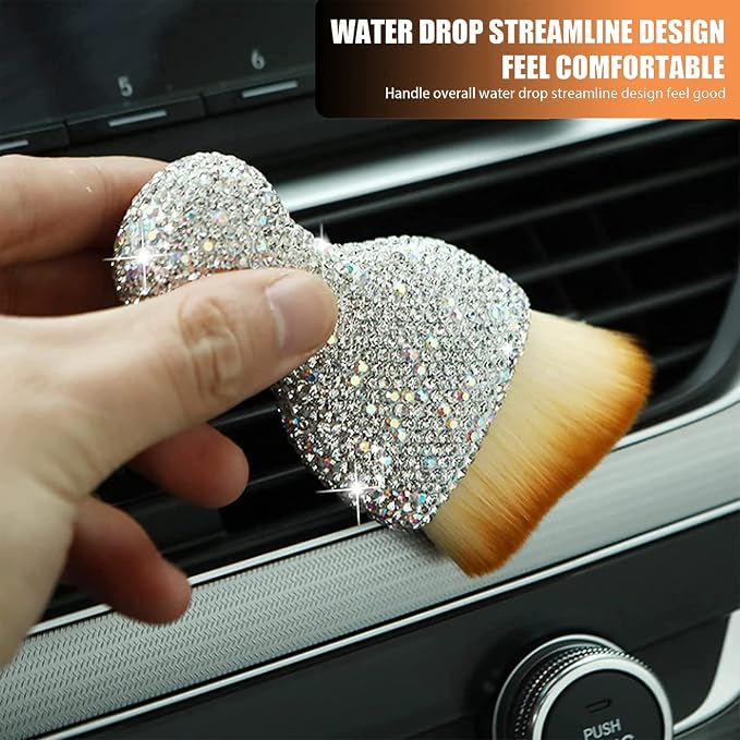1 PC Bling Car Interior Dust Brush, Rhinestones Auto Scratch Free Detailing Brush, Soft Car Interior Cleaning Brush Accessories for Automotive Dashboard, Air Conditioner Vents, Computer (White)