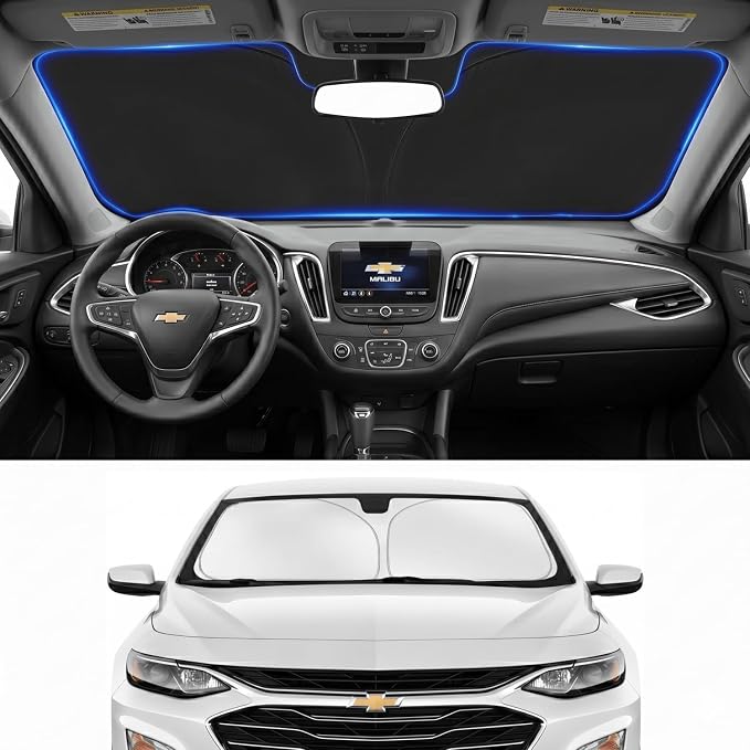 Custom Fit Windshield Sun Shade for Chevy Chevrolet Malibu 2016-2026 | Custom Fit Windshield Cover, Blocks UV Rays, Double-Layer Heat Shield, Durable Frame, Easy Fold & Storage