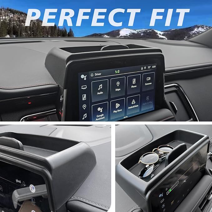 Muslogy Dashboard Storage Box & Cup Holder Inserts Compatible with 2021-2024 GMC Yukon Chevy Tahoe Suburban Accessories Front & Rear Drink Holder 2PCS & Center Console Organizer Behind Screen