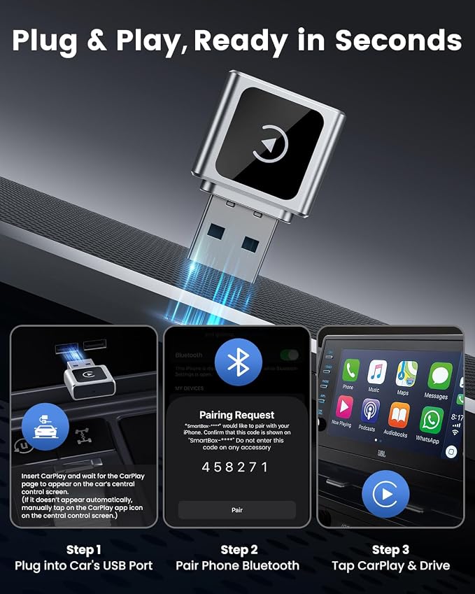 Wireless Carplay Adapter for Apple iPhone, Converts Wired to Wireless Mini CarPlay Kit with USB-C to USB-A Adapter for Cars from 2016 and iOS 10+ (Silver)