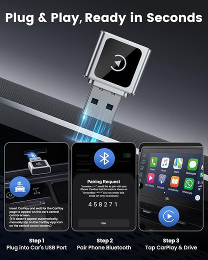 Wireless Carplay Adapter for Apple iPhone, Converts Wired to Wireless Mini CarPlay Kit with USB-C to USB-A Adapter for Cars from 2016 and iOS 10+ (Silver)