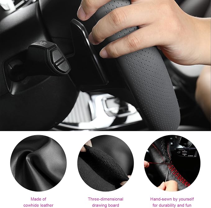 Ziciner Genuine Leather Steering Wheel Cover, Stitch on Wrap, Breathable Anti-Slip Car Steering Wheel Protector for Max Diameter 15 Inch, DIY Sewing with Needles Thread (Gray, Glossy)