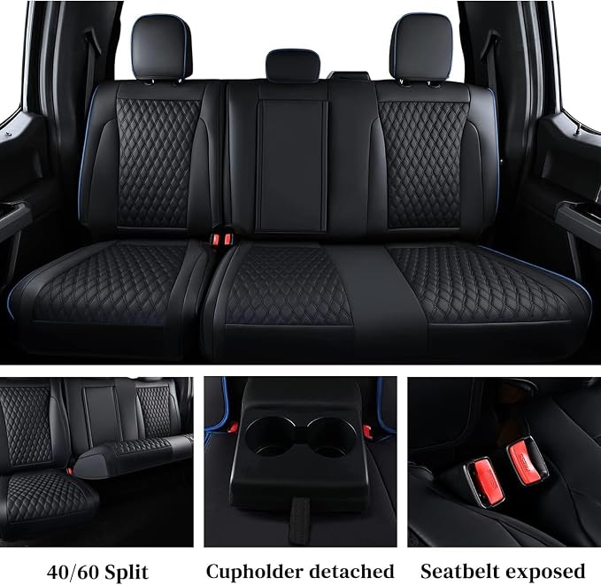 Coverado Full Set Leather Car Seat Covers for F150,Waterproof Automotive Seat Covers for Cars,SUVs,Pickup Trucks,Compatible with 2015-2026 F150 SuperCrew,2017-2026 F250 F350 F450 Crew Cab, Blue Line