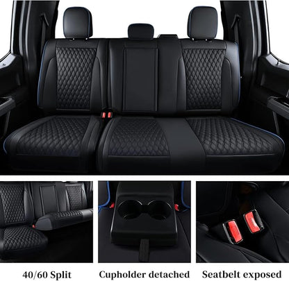 Coverado Full Set Leather Car Seat Covers for F150,Waterproof Automotive Seat Covers for Cars,SUVs,Pickup Trucks,Compatible with 2015-2026 F150 SuperCrew,2017-2026 F250 F350 F450 Crew Cab, Blue Line