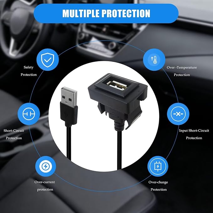 GRABOTE USB Port Car Charger Compatible with Toyota, Male to Female USB Power Socket Adapter, Black Panel Flush Mount Extension Cable for Camry RAV4 Corolla Highlander Previa (34 * 23mm)
