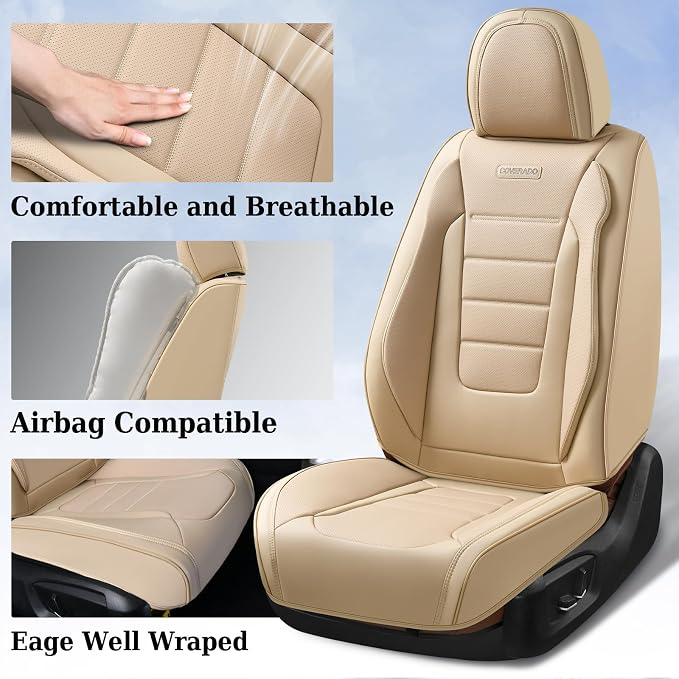 Coverado Front and Back Seat Covers for Cars, Nappa Leather Car Seat Covers, Automotive Seat Covers for Trucks, 5 Seats Waterproof Carseat Protector Car Seat Cover Beige, Universal Fit for Most Cars