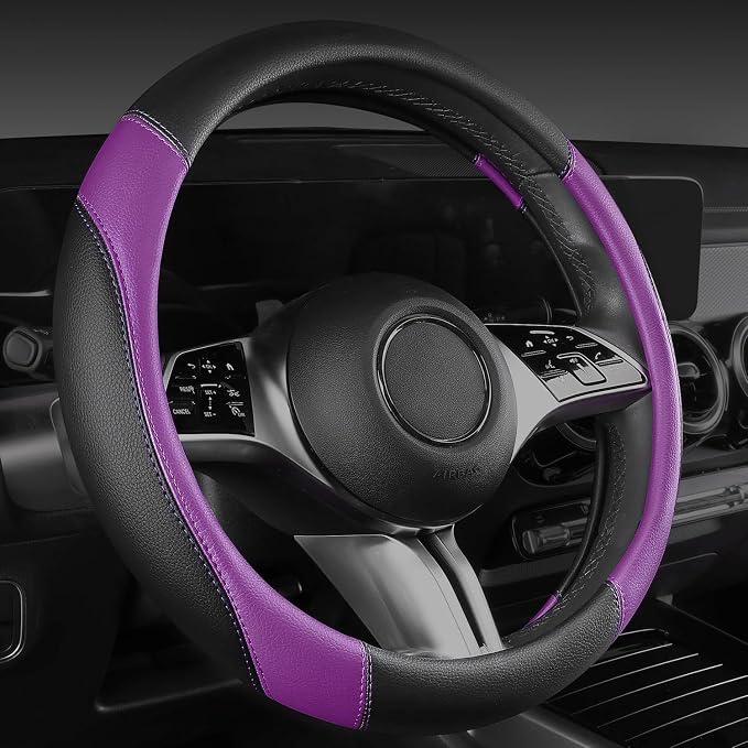 CAR PASS Faux Leather Steering Wheel Cover and Waterproof Car Floor Mats,Universal Car Combo Fit for 95% Sedan,SUV,Cars,14.5-15inch Sporty Anti-Slip Safety Comfortable Design(Black＆Purple)