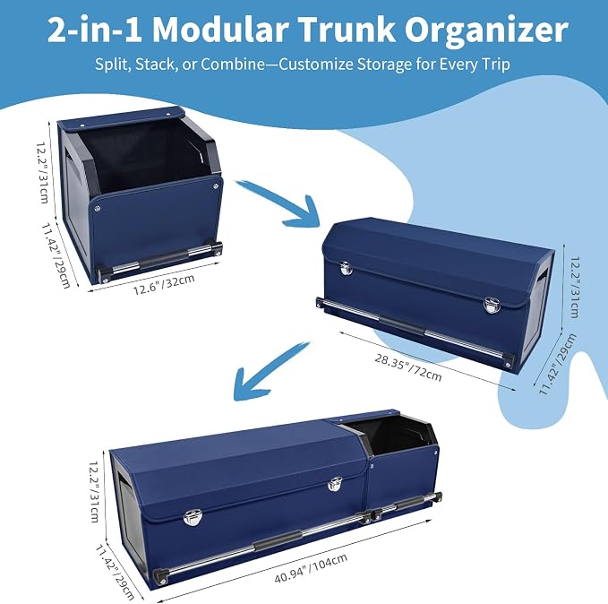 Car Trunk Organizer, Leather Trunk Organizer for SUV with Lid and Sturdy Handle Collapsible Adjustable Storage (Blue, 41 x 11.4 x 12.2in)