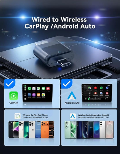 Wireless CarPlay and Android Auto Adapter, USB-A and USB-C Dual Connector Version, 2 in 1 Wireless Adapter for Factory Wired CarPlay Android Auto Cars, OEM Control Support