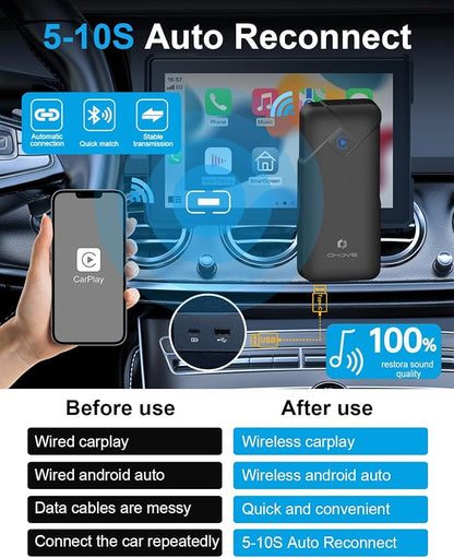 CHOVE 2-in-1 Wireless CarPlay & Android Auto Adapter, Upgrade Wired to Wireless, Compatible with iOS 10& Android