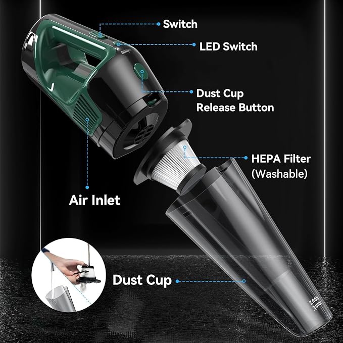 Minthouz Handheld Vacuum Cordless, Strong Suction Car Vacuum Cleaner with LED Light, Long Runtime Hand Vacuum Cordless Rechargeable, Hand Held Vac with Charging Base for Home/Car/Pet/Office