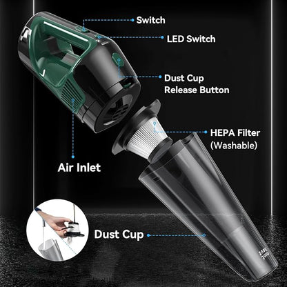 Minthouz Handheld Vacuum Cordless, Strong Suction Car Vacuum Cleaner with LED Light, Long Runtime Hand Vacuum Cordless Rechargeable, Hand Held Vac with Charging Base for Home/Car/Pet/Office