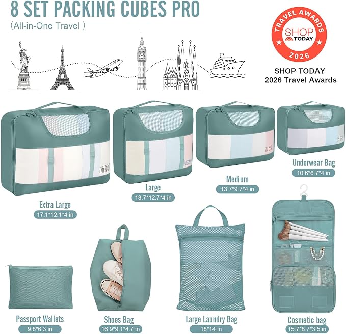 Veken 8 Set Packing Cubes for Travel Essentials,Anti-Wrinkle Buckled Suitcase Organizer for Shoe & Toiletry Bag,Carry On Luggage Bag with 99+ Count Mesh Holes for Airplane & College Dorm Accessories