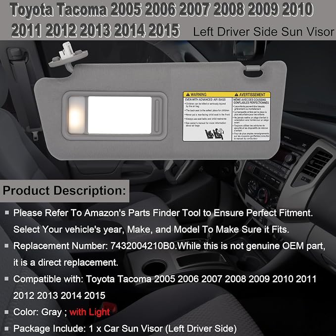 NHILES Driver Left Side Sun Visor Replacement Fits for Toyota Tacoma 2005-2015 Sunshade with Light 7432004210B0 Color Gray