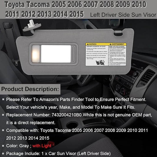 NHILES Driver Left Side Sun Visor Replacement Fits for Toyota Tacoma 2005-2015 Sunshade with Light 7432004210B0 Color Gray