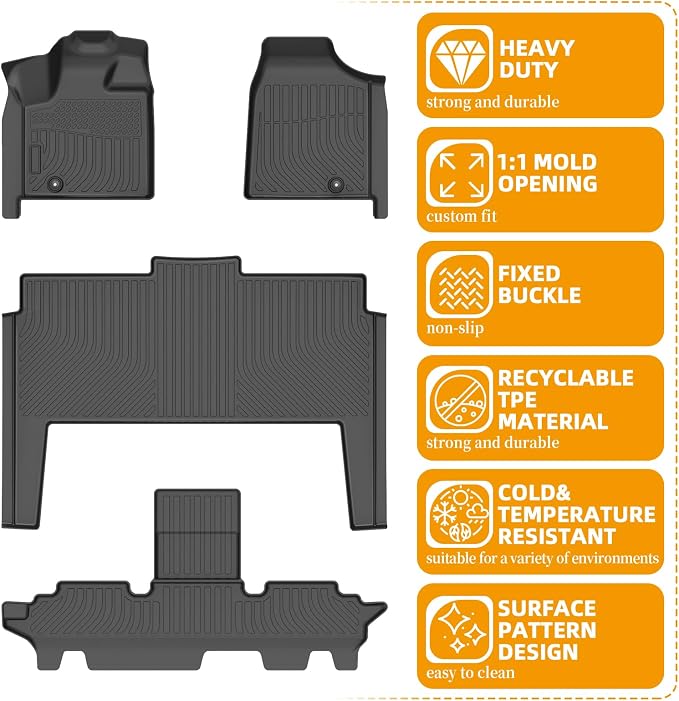 Floor Mats for Chrysler Town & Country 2008-2016, Floor Mats for Dodge Grand Caravan 2008-2021, Town & Country Floor Mat(ONLY Stow'n Go), TPE Non-Slip Summer Winter, 1st & 2nd & 3rd Row