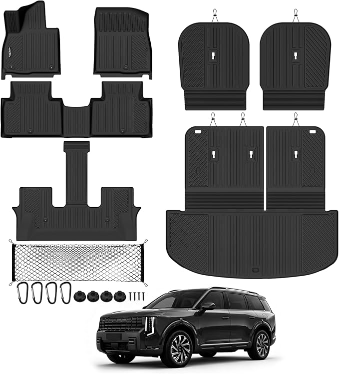 Tongama-Floor Mats for 2027 Kia Telluride 7 Seats with Bucket Seat(Only Gas), All Weather TPE Trunk Mat with Backrest Mat & 2nd Row Backrest Mats & Cargo Net for Kia Telluride Floor Liner Accessories