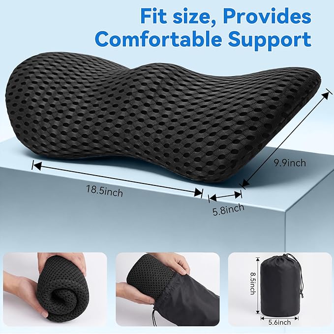 Lumbar Support Pillow, Memory Foam Lumbar Pillow for Office Chair and Car Seat, Back Pillow for Lower Back Pain Relief, Back Support Pillow for Sitting, Driving, Traveling (Dark Black)
